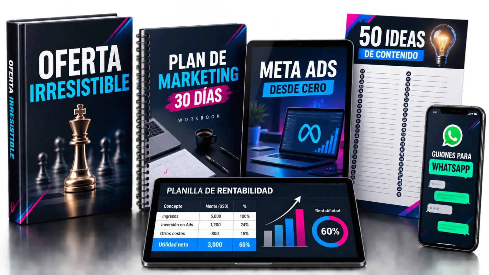 Bonificaciones: oferta irresistible, Meta Ads, plan de marketing, contenido, WhatsApp y rentabilidad